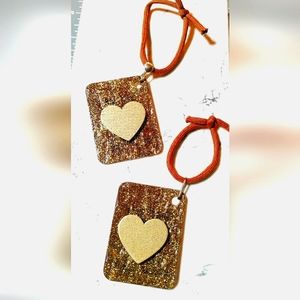 HAPPY HOLIDAYS New (2x) Handcrafted Ornaments/Bag Tags/Keychains! Golden Hearts!